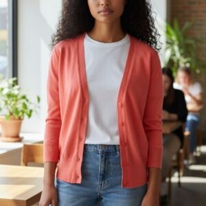 EUC ANN TAYLOR LOFT Sz. S Salmon Pink 3/4 Sleeve Cardigan Sweater